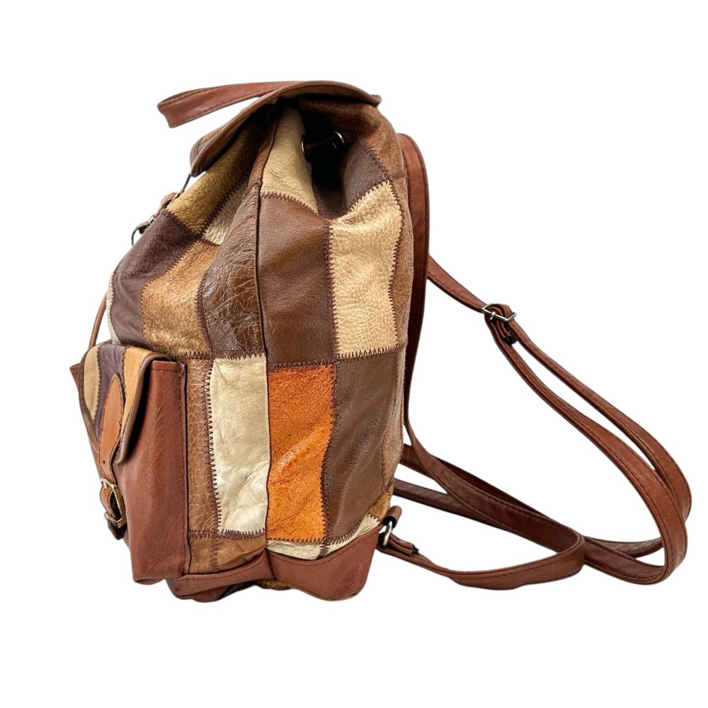 Vintage Brown Patchwork Leather Backpack With Top… - image 7